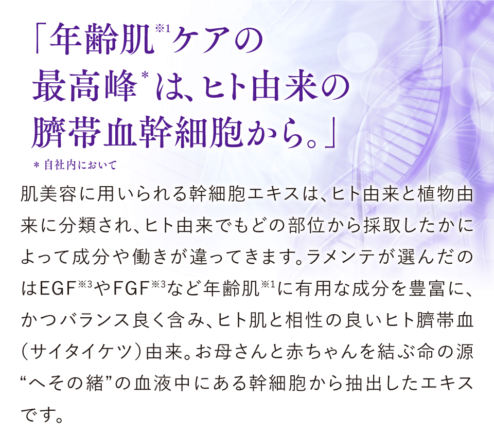 「年齢肌ケアの最高峰は、ヒト由来の臍帯血幹細胞から。」